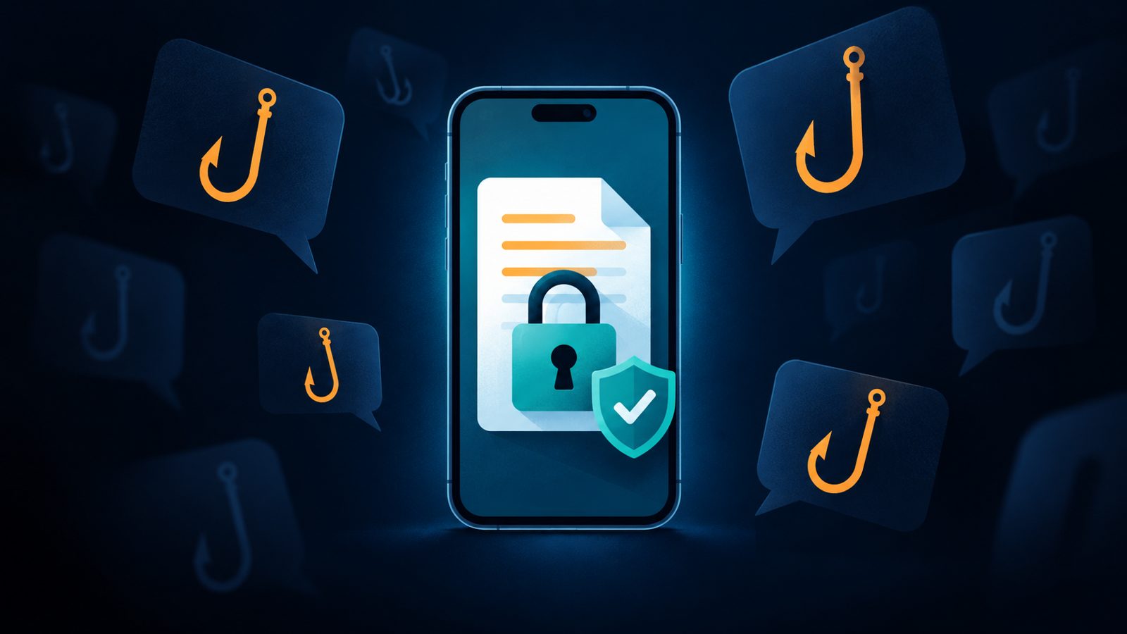 A phone showing a padlocked document, surrounded by chat bubbles holding fishing hooks
