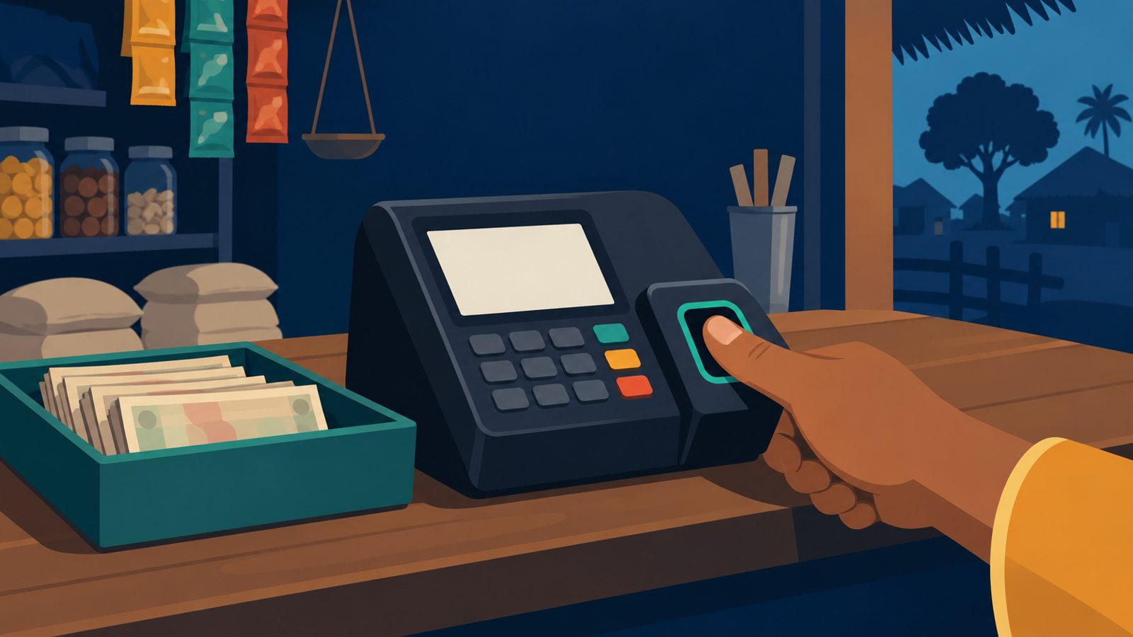 A thumb pressing the fingerprint reader of a handheld micro-ATM on a village shop counter
