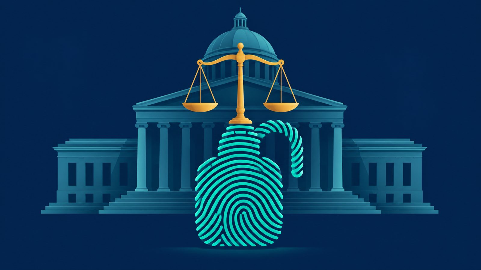 A domed court building with balance scales above a padlock made of fingerprint ridges