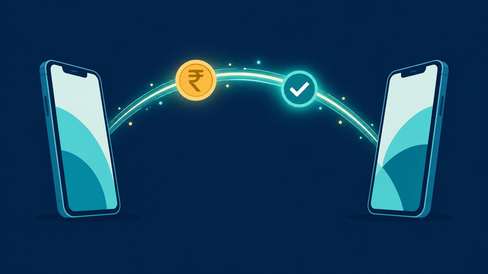 Two phones with an arc of light carrying a rupee coin and a check mark between them