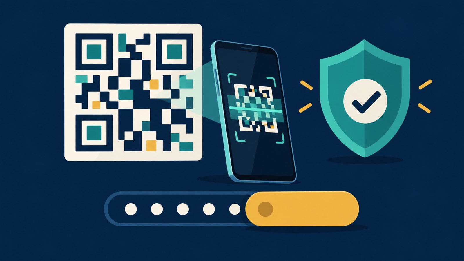 A phone scanning a large QR pattern beside a shield with a check mark and a row of hidden dots