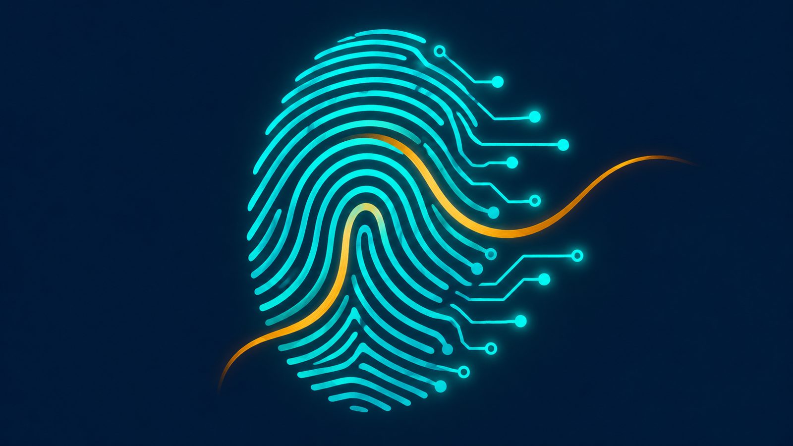 A fingerprint whose ridges become circuit lines and a saffron thread
